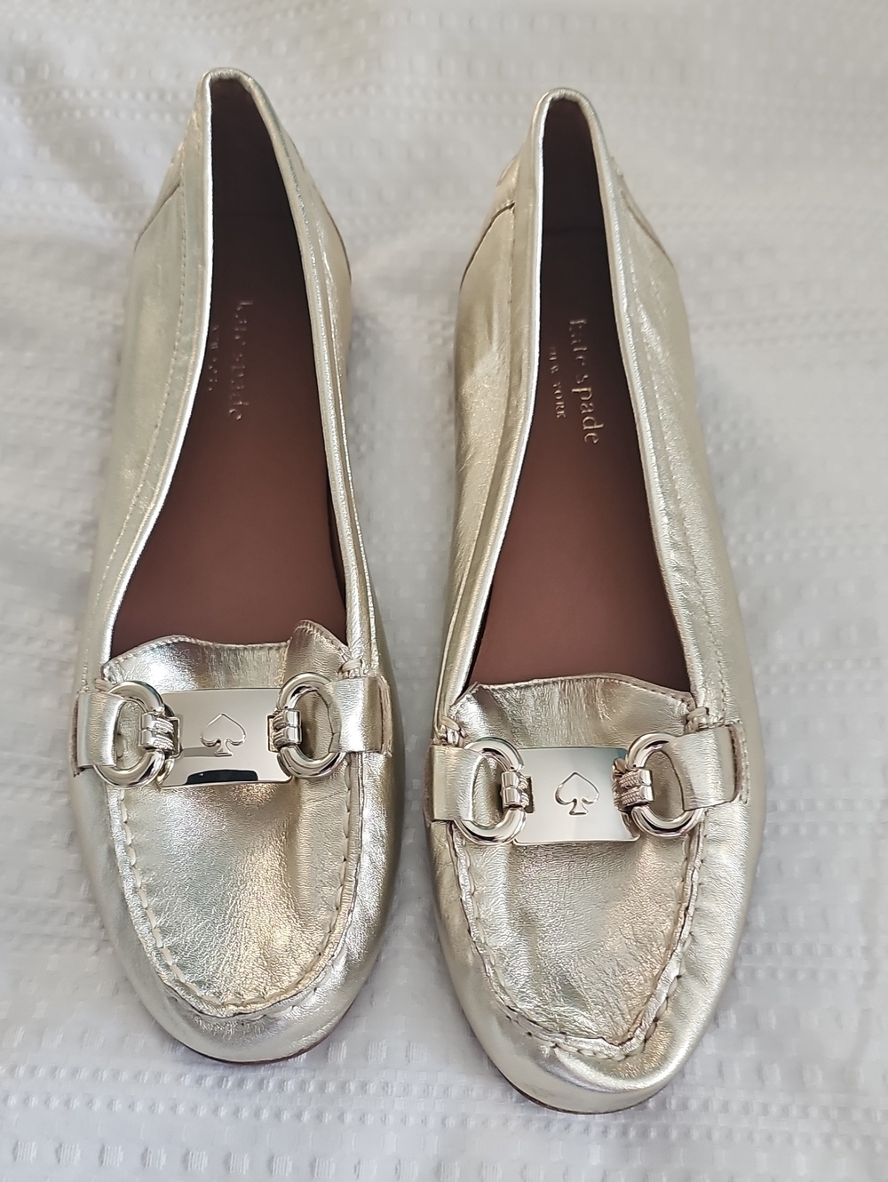 kate spade Metallic Gold Leather Loafers with Buckle Accent